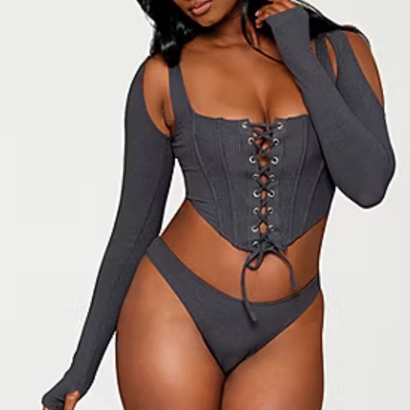 Dream Girl Knit Sleepwear Bustier Thong Shrug Set charcoal size medium - Picture 1 of 9